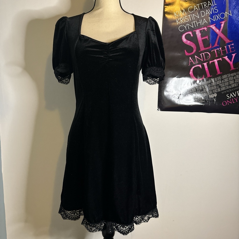 Black velvet fit and flair dress with lace details and puff sleeves fits M/L
